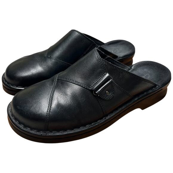 CLARKS Patty Nell Women's 9M Black Leather Clogs Mules Slip On Shoes Comfort - Picture 2 of 13
